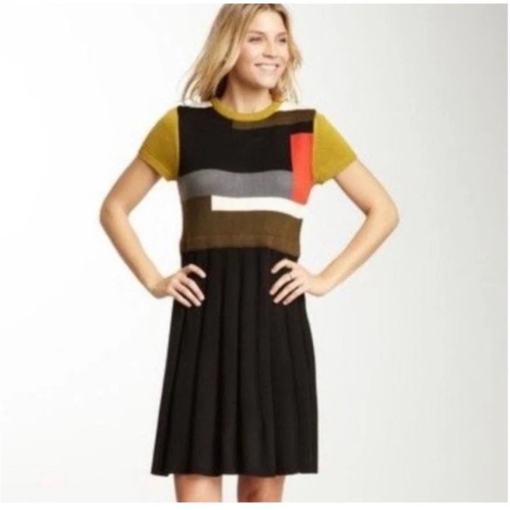 Vince Camut Color Block Pleated Fit & Flare Dress Black, Mustard